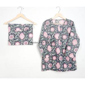 Floral Printed 2-Piece Cotton Pajama Set Full Sleeve Neck Regular Fit Adult Women <b>Loungewear</b> Summer Season Elastic Waist Soft - Product Image 3