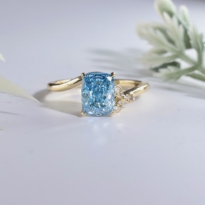 <b>Cushion</b> Cut Blue Lab Grown <b>Ring</b> Sparkling Diamond Paved Butterfly Accent And Floral Petal Cluster Motif Solitaire Bypass <b>Ring</b> - Product Image 1