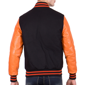 Mens Black and Orange Varsity Jacket Orange Leather Sleeves Letterman Bomber Jacket Casual Baseball Style Winter <b>Warm</b> Outerwear - Product Image 4