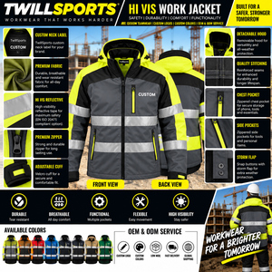 TwillSports Men's High Visibility Reflective Safety <b>Jacket</b> <b>Waterproof</b> Windproof Workwear <b>Hi</b> <b>Vis</b> Coat Custom Printed - Product Image 6