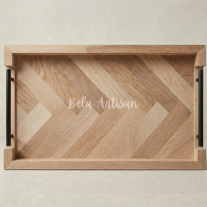 Bandeja de Madera Hecha a Mano con Incrustaciones de Espiga, Moderna, para Servir Bebidas, con Asas Laterales de Metal Negro, para Diwali y Bodas - Product Image 3