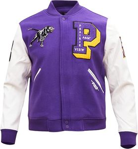 Chaqueta Varsity Morada y Blanca con Logotipo P Bordado y Parche de Pantera, Cuello Redondo, Ropa Deportiva Otoñal para Adultos - Product Image 1