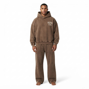 Conjunto Deportivo de Alta Calidad para Hombre, Corte Holgado, Lavado Ácido, Estilo Desgastado, Sudadera con Capucha de Felpa de Algodón de Color Sólido y Pantalones Jogger - Product Image 1
