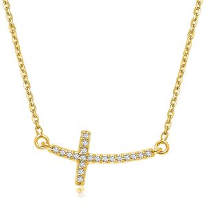 Collana con Croce Curva in Oro Giallo 14k con Diamanti, 0,11 carati totali, Cavigliera alla Moda - Product Image 1