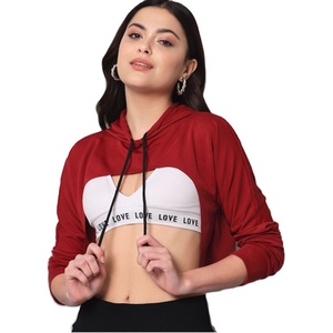 Women Fashion Design Crop Top Sports Pullover Tops Simple Stylish Custom Sweatshirt Hoodies Tops <b>Blouse</b> Puff Sleeves <b>Red</b> Hoodies - Product Image 1