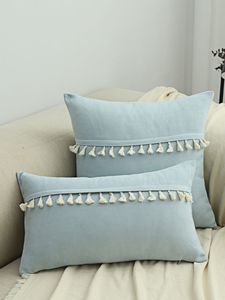 Light Green Fabric <b>Throw</b> Pillow Cover With <b>White</b> Tassels Simple Style Eco-Friendly Decorative Cushion Cover Case Home Textile - Product Image 2