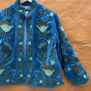 Chaqueta de Terciopelo Bordada para Mujer, Estilo Vintage, Floral, Boho, Azul, Prenda Exterior de Estilo Étnico - Product Image 3