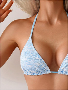 Conjunto de bikini de dos piezas para mujer, estampado floral, top halter, braguita con lazo lateral, traje de baño de spandex y poliéster, sin espalda - Product Image 5