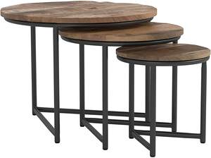 Ensemble de 3 tables basses rondes en bois de manguier massif, finition grain naturel, base en métal noir, très demandées - Product Image 3