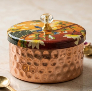 Fancy hammered copper <b>canister</b> with an artistic peacock lid, spectacular for dining tables. available at wholesale price - Product Image 1
