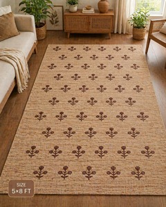 Tapis de salon écologique style ferme, nettoyage facile, à poils ras, motif floral, en jute, rectangulaire 5x8 pieds, tissage plat - Product Image 1