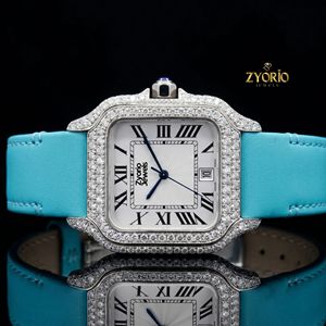 Reloj de Lujo con Diamantes para Hombre, Correa Azul Claro, Esfera Cuadrada de Acero Inoxidable, Estilo Hip Hop - Product Image 5
