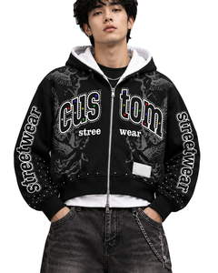 Sudadera con Capucha Personalizada de Algodón 100% Lavado Estilo Vintage, Sudadera con Cremallera y Bordado Digital de Moda, Detalle de Pedrería, Ropa Urbana Ecológica - Product Image 5