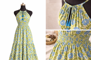 Green Floral Hand Block Print Panel Dress V Neck Sleeveless Neck Tussle Women Summer Wear Handmade Masterpiece Cotton Gown - Product Image 4