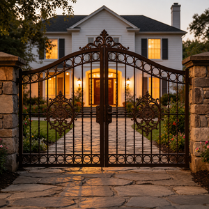 Puerta de Entrada de Hierro Forjado en Bronce con Medallón Ornamental y Grabados, Puerta de Seguridad para Jardín de Villa de Lujo - Product Image 1