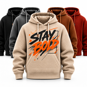Sweat à capuche en coton gaufré coupe classique, épais, avec imprimé graphique, poche et bordure contrastante, style streetwear, vente en gros, marque privée - Product Image 1