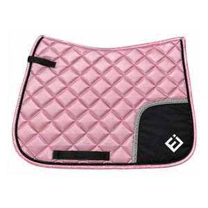 Tapis de selle matelassé rose polyvalent avec bordure noire et sangles de harnais pour l'équitation - Product Image 1