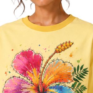 เสื้อยืดโอเวอร์ไซส์สีเหลืองพาสเทลสำหรับผู้หญิง พิมพ์ลายดอกชบาสีสันสดใส เสื้อยืดลำลองผ้าฝ้ายสำหรับฤดูร้อน รับผลิตตามสั่ง (OEM) ขายส่ง - Product Image 5