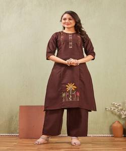 FANCY SLUB COTTON EMBROIDERY WORK CO-ORD SET DAILY WEAR WHOLESALE PRICE ETHNIC GARMENT COFFEE - Product Image 1