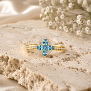 Bague en topaze bleu ciel, pierre de naissance de décembre, coupe marquise, motif floral, en argent sterling 925 et plaqué or 18 carats, élégante pour mariage - Product Image 3