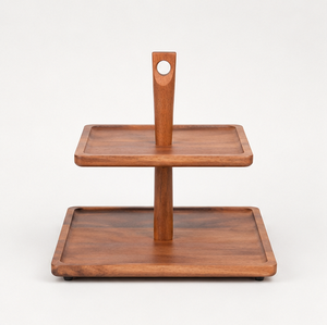 Handmade Acacia Wood 2 Tier <b>Cake</b> <b>Stand</b> Eco-Friendly Square Wooden Serving Tray & Dessert Display for Weddings Parties - Product Image 1