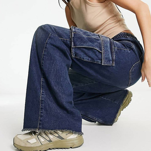 Pantalon cargo en jean délavé taille haute pour femme, coupe ample, longueur intégrale avec poches, style décontracté - Product Image 3