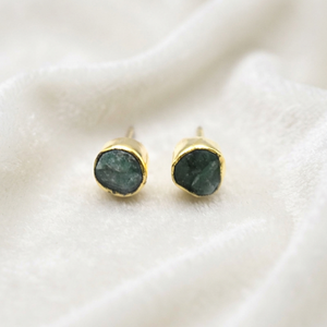 Ratnarachit Genuine Emerald <b>Stud</b> <b>Earrings</b> Brass Gold Bezel Frame Natural Green Gemstone Minimalist Handmade Wire Wrapped Women's - Product Image 3