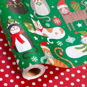 Rotolo di Carta da Regalo Natalizia con Gatti Verdi, Decorazioni con Gatti Carini e Pois Rossi, Carta da Regalo Reversibile per Festività e Capodanno - Product Image 1