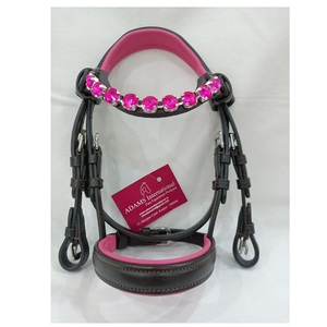 Brida de cuero de buena calidad para caballo con frontal de cristal rosa y narquileras acolchadas para uso ecuestre - Product Image 1