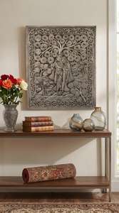 Pintura artística de fina talla de Radha y Krishna bajo el árbol en flor - Product Image 3
