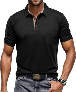 Polo à manches courtes pour homme, noir, uni, décontracté, avec poche, respirant, en coton, tissu Oxford, style tissé - Product Image 1