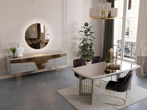 Ensemble de salle à manger moderne de luxe en teck massif, table rectangulaire dorée avec 6 chaises, mobilier contemporain pour villa, maison, cuisine - Product Image 4