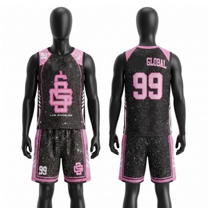 ชุดเซ็ตเสื้อกีฬาแขนกุดผ้าตาข่ายพรีเมียม 120gsm ระบายอากาศได้ดี โพลีเอสเตอร์ สีชมพู-ดำ พร้อมโลโก้พิมพ์ลายแบบรีดร้อนตามสั่ง - Product Image 1