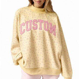 Sudadera de punto personalizada de alta calidad para mujer, antiarrugas, con estampado frontal, bordado de parche, hombros caídos y cuello alto. - Product Image 5