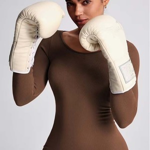 Women's Brown Long Sleeve Knitted Jumpsuit O-Neck Solid Color Breathable Spandex Cotton Full Length Regular Fit - Product Image 1