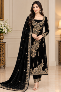 Salwar Kameez en velours modal bordeaux élégant Fashionista International avec broderie dorée, réversible, longueur ras du sol, tenue de mariage pour femme - Product Image 4