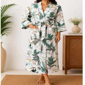 Indian Cotton Floral Printed V-neck <b>Kimono</b> Robe Quick Dry Breathable <b>Beach</b> Cover-Up With Great Embroidery Work <b>Kimono</b> Dress - Product Image 6