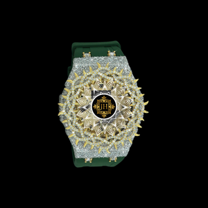 Luxury Gold <b>Case</b> Premium VVS Moissanite Diamond Bezel Analog Quartz <b>Watch</b> With Green Rubber Band Unisex Polygon Design - Product Image 1