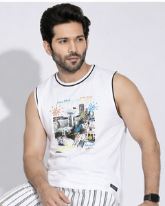 AULTRA ONE ENTERPRISES <b>Men's</b> <b>White</b> O-Neck Sleeveless <b>Tank</b> <b>Top</b> 100% Cotton 3D Printed Casual Breathable Knitted 220g - Product Image 1