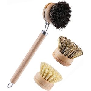 Cepillo para Platos de Bambú con 1 Mango de Madera Resistente y 3 Cabezales de Cerdas Naturales de Crin de Caballo y Sisal, Cepillos de Limpieza Multiusos para Cocina - Product Image 1