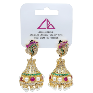 American Diamond Peacock Style Gold Plated Drop Jhumkas for Party - Product Image 2