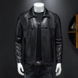 Blouson en cuir streetwear pour homme 2026, personnalisé, à capuche, col montant, couleur unie, style décontracté, tendance - Product Image 1