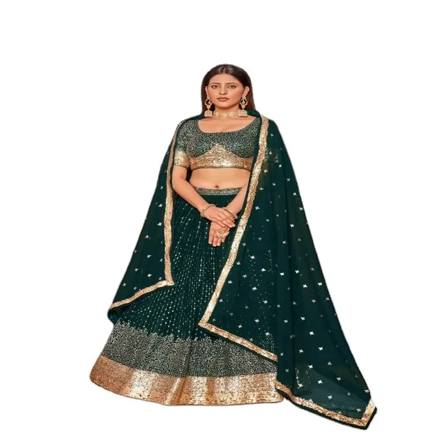 Bộ sưu tập cưới màu xanh lá cây của phụ nữ bán khâu georgette lehenga choli với dupatta | lehenga-choli truyền thống cho phụ nữ