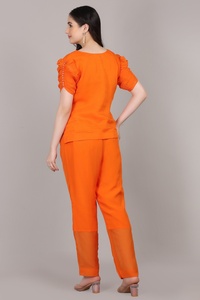 Ensemble traditionnel royal 2 pièces en cordon de couleur orange avec perles à sequins et broderie filée Dana – Tenue élégante - Product Image 6