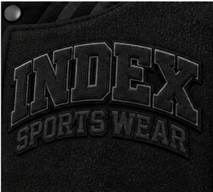 Chaqueta Varsity Negra para Hombre INDEX, Mangas de Cuero PU, Logotipo Bordado, Cuello Camisero, Cierre de Botones, Ropa de Otoño - Product Image 6