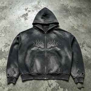 <b>Black</b> Heavyweight Zip Hoodie Vintage Wash Distressed Flame Print Acid Wash Streetwear Dirty Spray Effect Cotton <b>Fleece</b> - Product Image 3