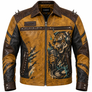 Yellow Mens Leather Jacket Tiger Graphic Print Spiked <b>Studded</b> Biker Coat Lapel Collar Custom OEM ODM Factory Wholesale Supply - Product Image 1