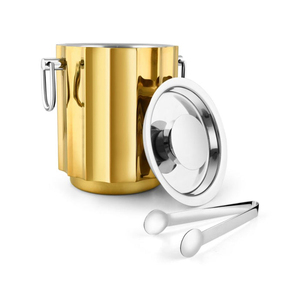 Luxury <b>Gold</b> Fluted <b>Ice</b> <b>Bucket</b> Features A Polished Silver Interior Removable Lid Two Side Handles And Sleek Matching Serving Tong - Product Image 1