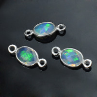 Connecteurs en opale, breloques ovales à facettes des deux côtés, pour la fabrication de bijoux, en argent sterling 925 massif, composants de bijoux DIY