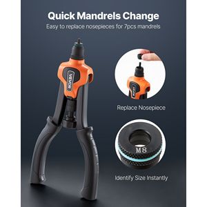 Kit di Utensili per Rivetti a Due Mani da 14 Pollici con 7 Mandrini e 70 Dadi, Misure Metriche e SAE M6 M8 M10 10-24 1/ con Rivetti a Dado - Product Image 4